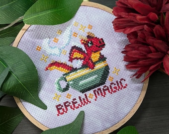 Tea Dragon Cross Stitch Pattern- Instant Download PDF - Magical Cross Stitch Pattern, Cute Cross Stitch Pattern, Dragon Cross Stitch Pattern