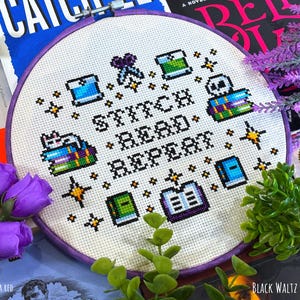 Stitch Read Repeat Cross Stitch Pattern - Instant Download PDF - Bookish Cross Stitch, Cute Cross Stitch, Reader Cross Stitch, Book Stitch