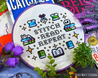 Patrón de punto de cruz "Leer y repetir" - Descarga instantánea en PDF - Punto de cruz literario, Punto de cruz bonito, Punto de cruz lector, Punto de libro