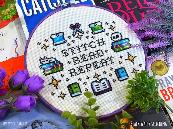 Stitch Read Repeat Cross Stitch Pattern - Instant Download PDF - Bookish Cross Stitch, Cute Cross Stitch, Reader Cross Stitch, Book Stitch