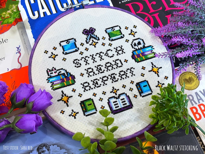 Stitch Read Repeat Cross Stitch Pattern - Instant Download PDF - Bookish Cross Stitch, Cute Cross Stitch, Reader Cross Stitch, Book Stitch image 1