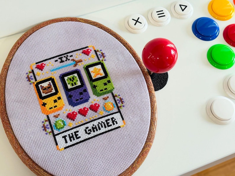The Gamer Tarot Card Cross Stitch Pattern - Instant Download PDF - Video Game Cross Stitch, Magic Cross Stitch, Nerdy Cross Stitch image 1