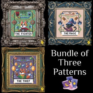 Zestaw trzech kart tarota dla graczy klasowych wzory do haftu krzyżykowego - natychmiastowe pobranie pliku PDF - Gamer Cross Stitch, Fantasy Cross Stitch