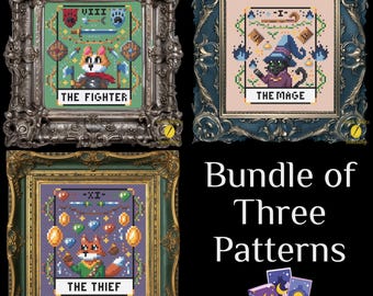 Bundle of Three Tarot Card Gamer Classes Cross Stitch Patterns - Instant Download PDF - Gamer Cross Stitch, Fantasy Cross Stitch