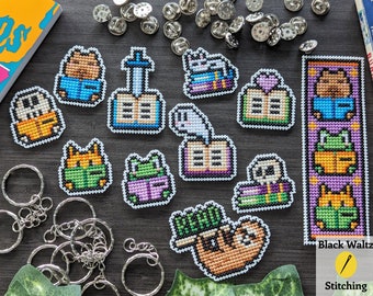 Bundle of Ten Mini Patterns and Two Bookmark Patterns for Cross Stitch Keychains, Pins, Magnets - Instant Download PDF - Books and Reading