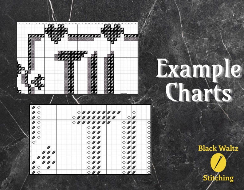 May include: Black and white cross stitch chart with the text "Example Charts" and a small image of a needle and thread with the text "Black Waltz Stitching".