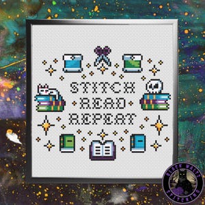 Stitch Read Repeat Cross Stitch Pattern - Instant Download PDF - Bookish Cross Stitch, Cute Cross Stitch, Reader Cross Stitch, Book Stitch