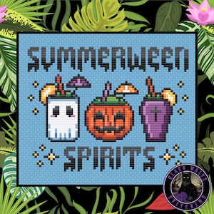 May include: Cross-stitch design with the words "SUMMERWEEN SPIRITS" on a light blue background. The design features three Halloween-themed drinks: a ghost, a jack-o'-lantern, and a coffin, each with decorative umbrellas and garnishes.