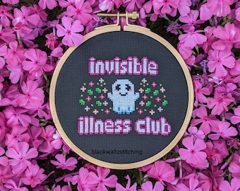 Invisible Illness Club Cross Stitch Pattern- Instant Download PDF - Spooky Cute Cross Stitch, Chronic Illness Cross Stitch, Mental Health