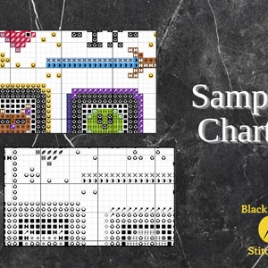 May include: Sample cross stitch charts with a black and white design, a purple and green design, and a brown and yellow design. The text "Sample Charts" is in white on a black background. The text "Black Waltz Stitching" is in white on a yellow background.