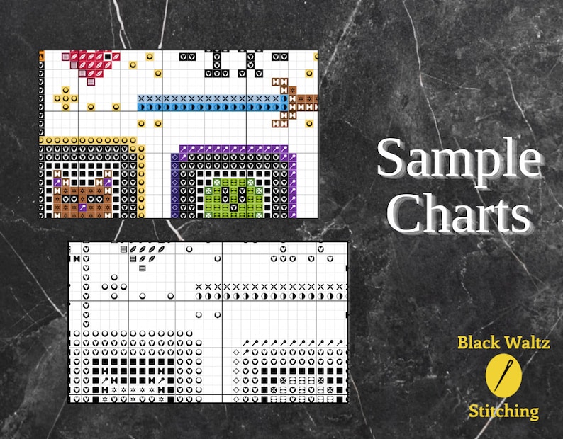 May include: Sample cross stitch charts with a black and white design, a purple and green design, and a brown and yellow design. The text "Sample Charts" is in white on a black background. The text "Black Waltz Stitching" is in white on a yellow background.