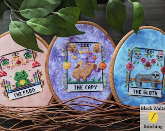 Bundle of Three Animal Tarot Card Cross Stitch Patterns - Instant Download PDF - Magical Cross Stitch, Cute Cross Stitch, Animal Stitch