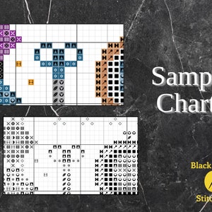 May include: A cross stitch pattern chart with a black and white design of a tree, a heart, and a leaf. The chart is labeled "Sample Charts" and "Black Waltz Stitching".