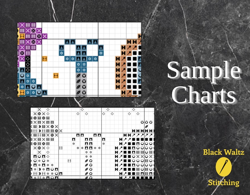 May include: A cross stitch pattern chart with a black and white design of a tree, a heart, and a leaf. The chart is labeled "Sample Charts" and "Black Waltz Stitching".