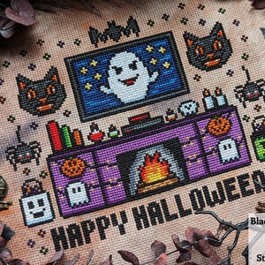 Halloween Movie Night Cross Stitch Pattern - Instant Download PDF - Gothic Cross Stitch, Halloween Cross Stitch, Scary Movie Cross Stitch
