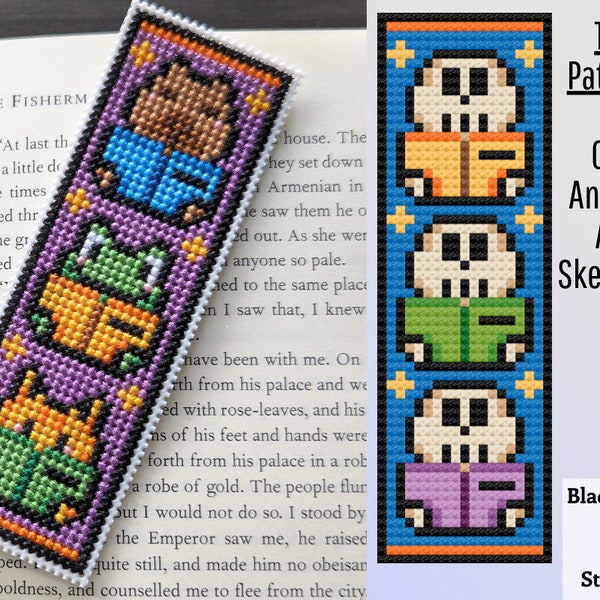 Bundle of Two Bookmark Cross Stitch Patterns - Instant Download PDF - Book Cross Stitch, Spooky Cute Cross Stitch, Animals Cross Stitch
