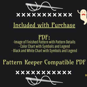 Puede incluir: Fondo negro con texto y gr&aacute;ficos blancos para un patr&oacute;n de punto de cruz. El texto incluye "Included with Purchase" y "Pattern Keeper Compatible PDF". Los gr&aacute;ficos incluyen una aguja e hilo, un fantasma y s&iacute;mbolos de punto de cruz.