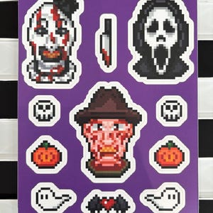 Horror Sticker Sheet - Laptop / Water Bottle / Phone / Planner, Waterproof Car Decal, Spooky Cute, Pixel Art, Spooky Characters, Halloween