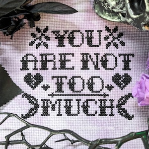 May include: A cross-stitch embroidery on a purple fabric with black thread. The embroidery says "You are not too much".