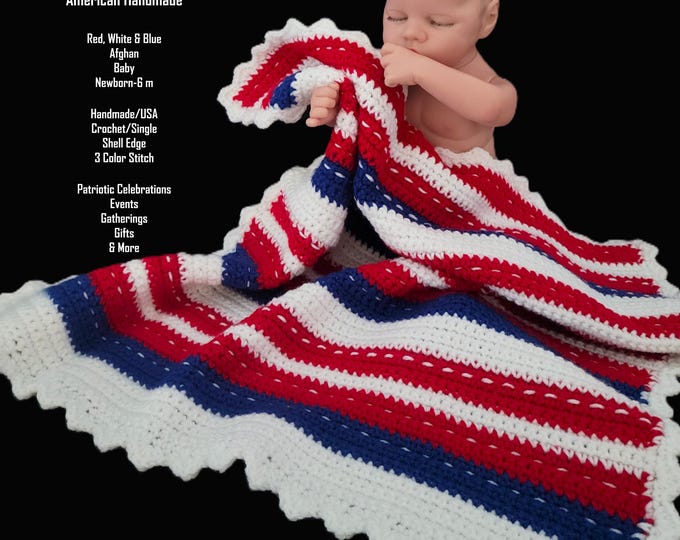 Featured listing image: The Red, White & Blue-Patriotic-Afghan-Baby-Newborn-6month-Handmade-USA-Crochet-Single-Shell Edge-3 Color Stripe-White Stitch-Baby Gift
