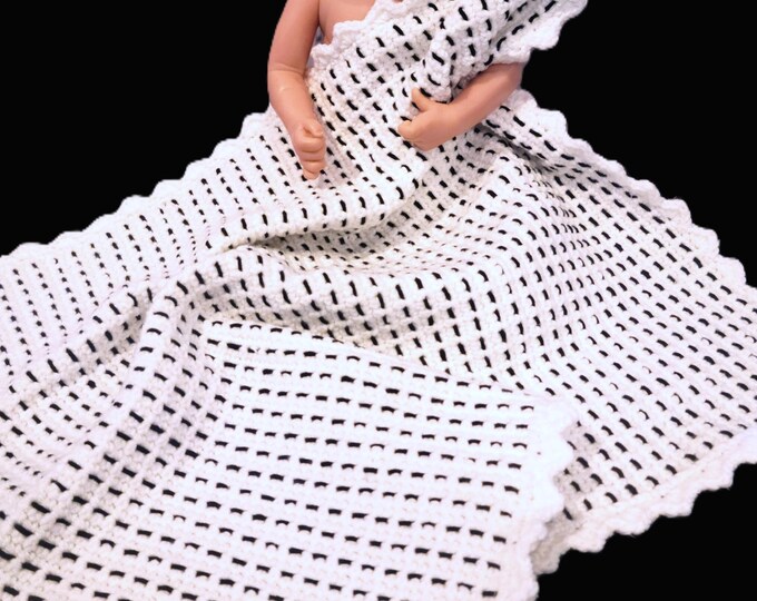 Featured listing image: Bee Busy-A-1-Business-It's Black & White-Baby-NB-Afghan-Bedding-Blanket-Throw-Nursery-Handmade-Crochet-Single Body-Black Stitch-Shell Edge