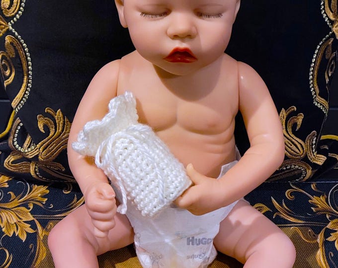 Featured listing image: Bee Blessed-Heavenly White-Accessory-Bag-Baby-Gift-Product-Handmade-Crochet-Single Switch-Shell Edge-Draw String Closure-Soft Secret-White