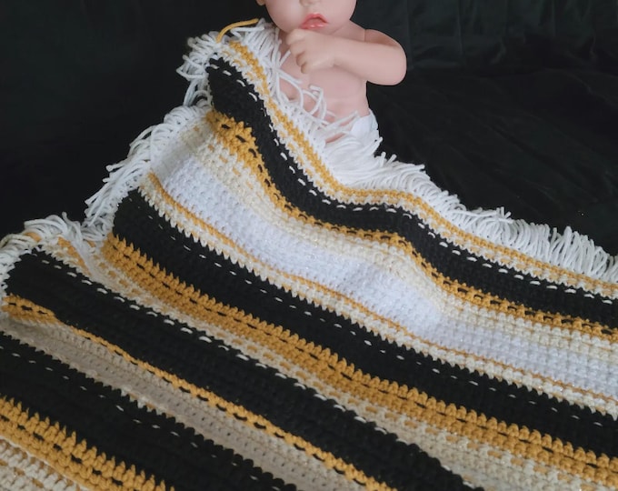 Featured listing image: Bee Classy-Saas-E-Co-Class & Glam-GlamBaby-Afghan-Bedding-Blanket-Handmade-Crochet-Theme Stripe-4 Color Stitch-Tassel Edge-Birth-Gift-Shower