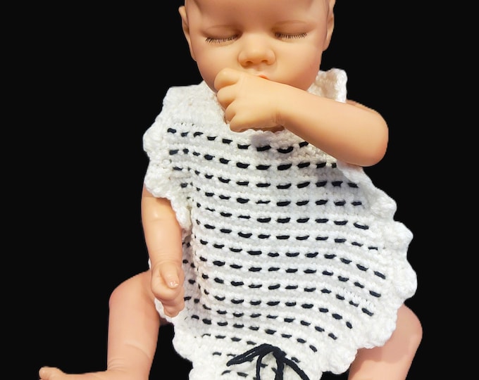 Featured listing image: Bee Busy-A-1-Business-It's Black & White-Baby-NB-Accessory-Bib-Handmade-Crochet-Single-Shell Edge-White Body w/BlackStitch-Soft-Acrylic-Gift