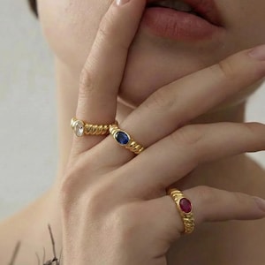 Gold Dome Ring with Gemstone, Twisted Croissant Ring, Oval Sapphire Ruby Clear Stone Statement Ring, 14k Gold Plated Jewelry, Gift for Her