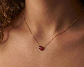 Ruby Heart Necklace, Floating Red Heart Pendant, Solitaire CZ Necklace