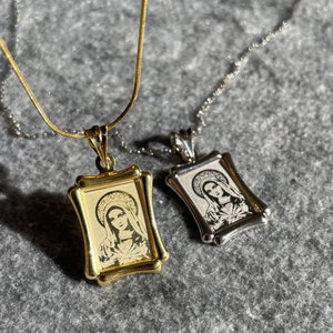 Virgin Mary Pendant Necklace, Catholic Medallion Jewelry, Gold or Silver Frame Necklace, Religious Gift for Women, Devotional Chain