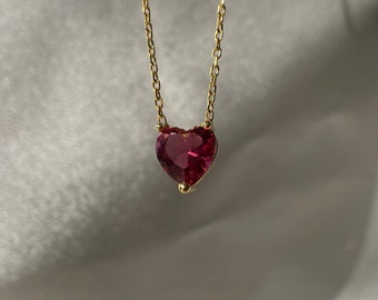 14K Gold Ruby Heart Necklace - Tiny Red Heart Shaped Pendant - Non Tarnish 925 Silver Necklace - Valentines Day Gift for Her