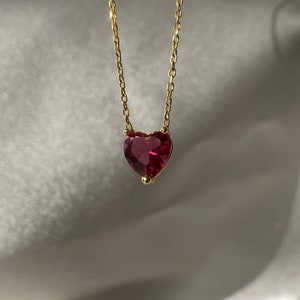 14K Gold Ruby Heart Necklace - Tiny Red Heart Shaped Pendant - Non Tarnish 925 Silver Necklace - Valentines Day Gift for Her