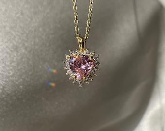 Pink Princess Heart Necklace - Tiny 14K Gold Heart Shaped Pendant - Non Tarnish Fidget Necklace - Valentine&#39;s Day Necklace Gift for Her