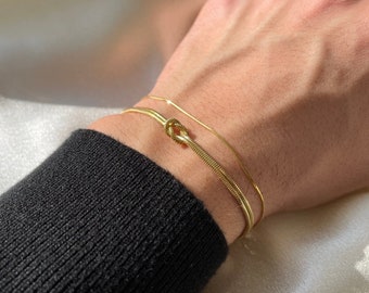 Gold Knot Bracelet Set, Slim Italian Snake Chain, Dainty Minimalist Jewelry for Her, Tying the Knot Gift, Everyday Stacking Bracelets