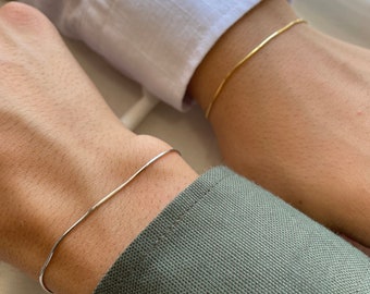 Slim Snake Chain Bracelet, Dainty Gold Herringbone Bracelet, Minimalist Stacking Jewelry, 14k Gold Plated Silver, Bridesmaid Gift for Couple