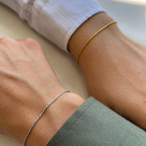 Twisted Rope Snake Chain Bracelet, Thin Gold 925 Sterling Silver Bracelet, Dainty Couple Bracelet Set, Simple Bracelet Set for Couples