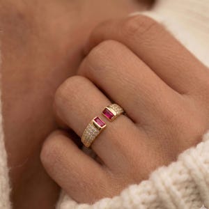 Bague rubis Toi et Moi, argent massif 925, manchette ouverte avec cz pavée, options réglables en or et en argent