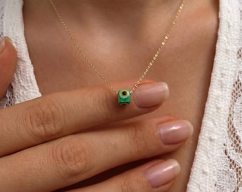 Tiny Green Evil Eye Necklace, Dainty Nazar Protection Jewelry, Minimalist Cube Charm Necklace, Spiritual Boho Gift for Her
