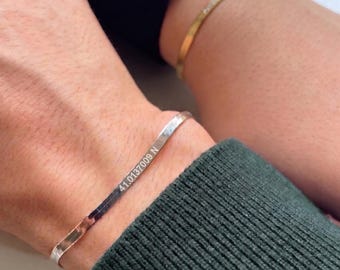 Custom Coordinate Bracelet Set, 925 Silver, Engraved Bar, Couple Bracelet Set, Gold Silver Rose Gold Options