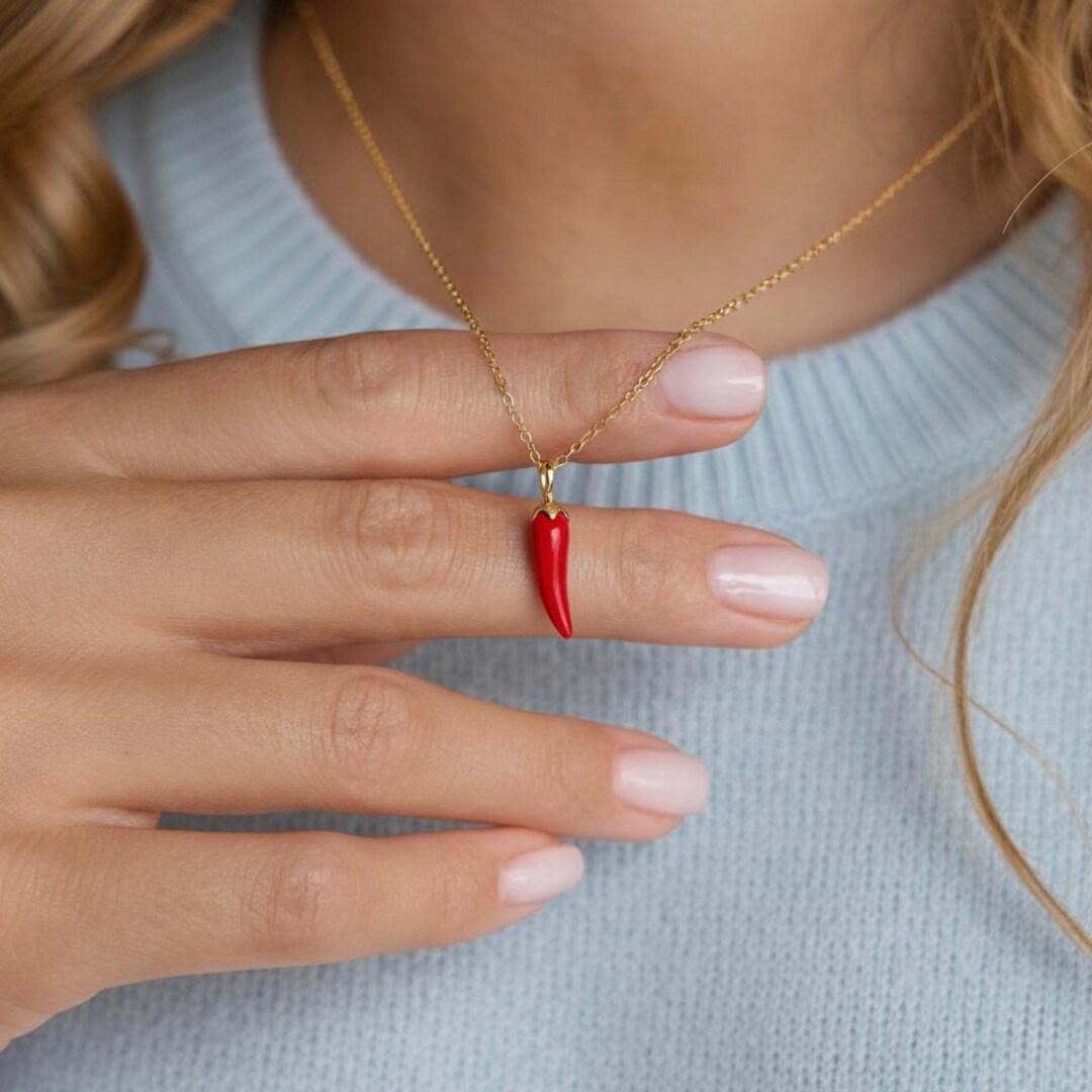 Red Chili Pepper Necklace, Gold Italian Cornicello Pendant, Dainty