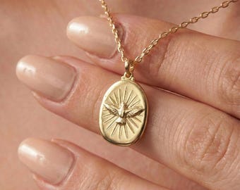 Dove Necklace, Oval Holy Spirit Pendant, Dainty Peace Bird Medallion, Religious Jewelry for Her, Christian Confirmation Gift, Sunburst Charm