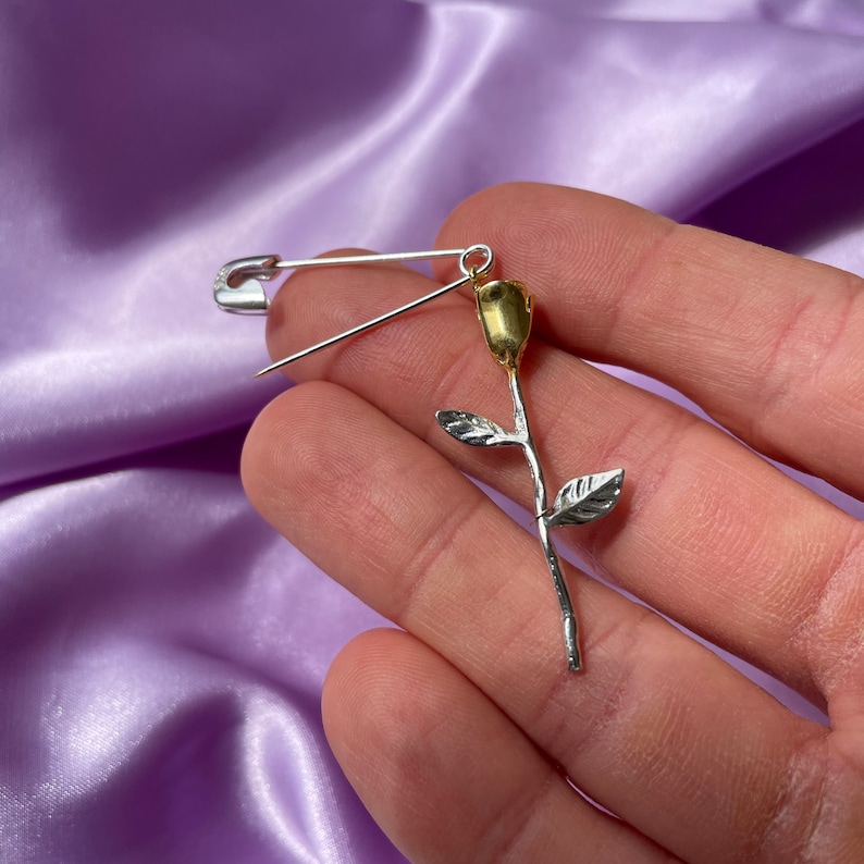 Rose Flower Safety Pin Earrings, Two Tone Paper Clip Threader Earrings