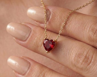 Ruby Heart Necklace, Dainty Red Heart Pendant, July Birthstone Jewelry, 14k Gold Heart Charm Necklace, Minimalist Romantic Gift for Her