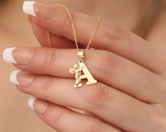 Gold Engel Buchstabe Halskette, Schutzengel Cherub Initial Anhänger, personalisierte Namen Halskette, feiner Alltags Schmuck, individuelle Halskette Geschenk