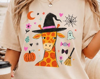 Giraffe Halloween Shirt, Witch Giraffe Tee, Cute Spooky Season Shirt, Colorful Halloween Comfort Colors Tee, Giraffe Lover Gift