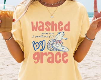 Shirt gewassen door genade, Christian Frog Surf-T-shirt, 2 Korinthiërs 5:17, shirt gemaakt nieuw bijbelvers, T-shirt strandgeloof