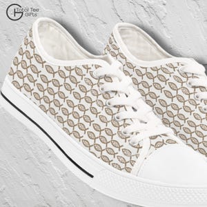 Jesus Fish Design Tan and Ivory Women&#39;s Low Top Sneakers  (Ichthys) Symbol, Christian Accessories, Shoes for Women, Faith Unique Gift