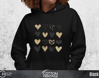 Trendy Hoodie Heart Pattern Hoodie Womens Gold Hearts Love Hoodie Valentines Day Trendy Apparel Casual Chic Sweatshirt Modern Hoodie
