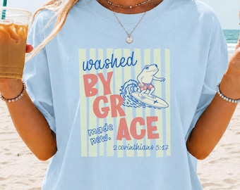 Washed By Grace Shirt, Christian Frog Surf Tee, 2 Corinthians 5:17 Shirt, Funny Christian Beach Shirt, Made New Faith Tee